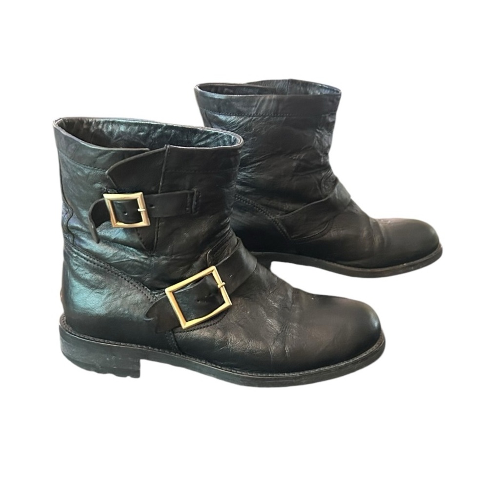 Jimmy Choo black strappy leather motorcycle boots sz